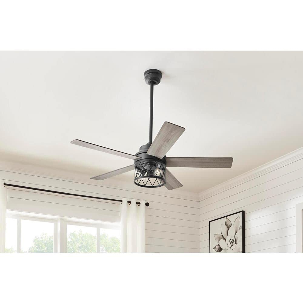Hampton Bay North Grove 52 in. Indoor LED Matte Black Dry Rated Ceiling Fan with 5 Reversible Blades Light Kit and Remote Control 52119