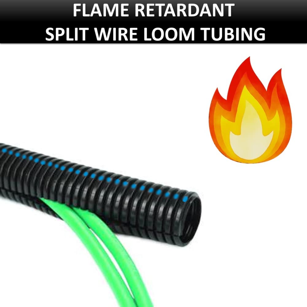 Kable Kontrol Flame Retardant Split Wire Loom Tubing 1/4” Inch 100 Ft Long - Black Self-Extinguishing Wire Conduit Cover for Cords - Corrugated Tubing
