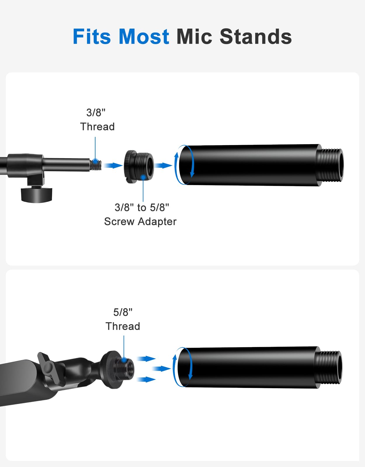 2.99 Inch Mic Stand Extension Tube 2 Pieces 5/8 Inch Microphone Extension Pipe Aluminium Alloy Stand Extenders Screw Boom Tubes with 2 Metal Adapters