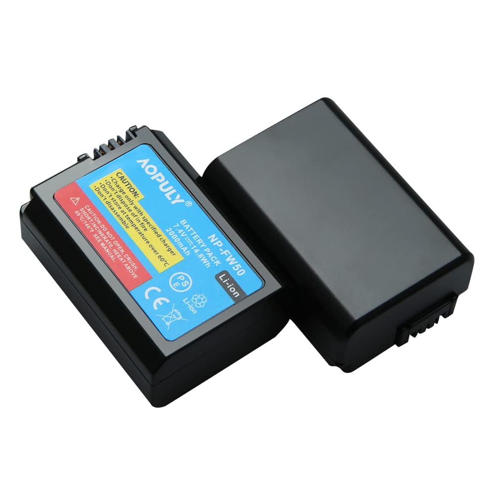 AOPULY 2-Pack Replacement NP-FW50 Battery & Smart LCD Display Dual Charger Compatible for Sony Alpha a6500, a6300, a6000, a7s, a7, a7s ii, a7s, a5100
