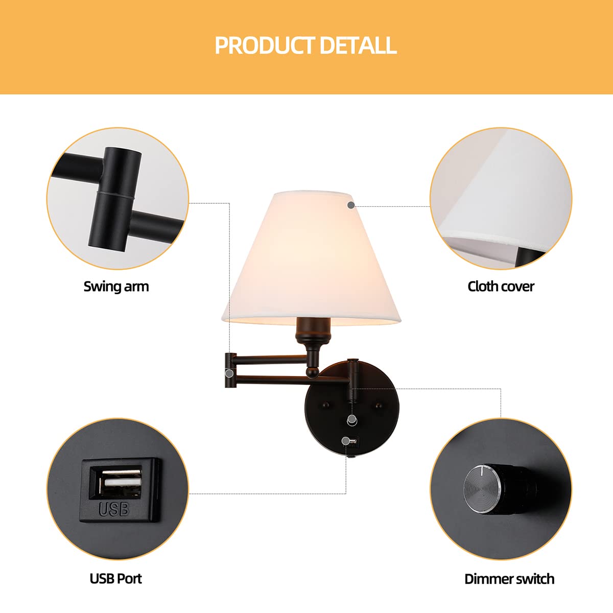 PFQCGU Swing Arm Wall Sconces, Plug-in Wall lamp,Bedroom Wall lamp ? White Fabric Shade??with dimmable Switch and USB Charging Port, Suitable