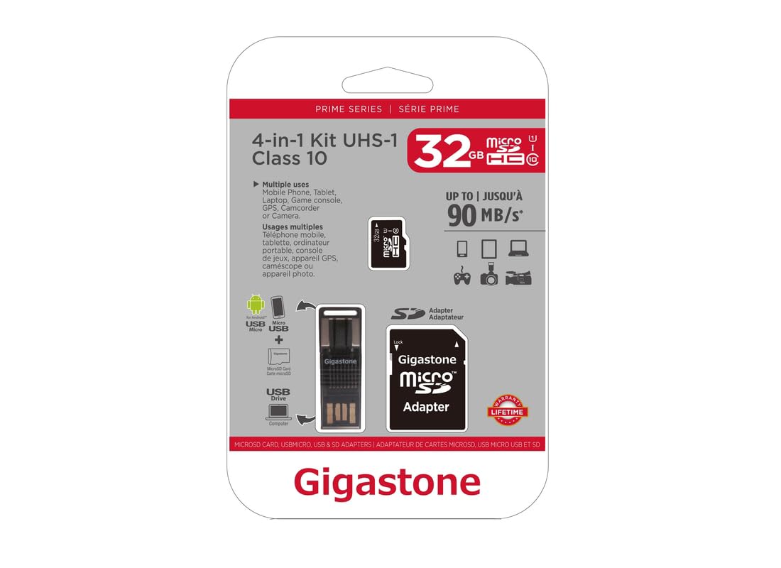 Gigastone GS-4IN1600X32GB-R Prime Series microSD Card 4-in-1 Kit (32GB), Multicolored