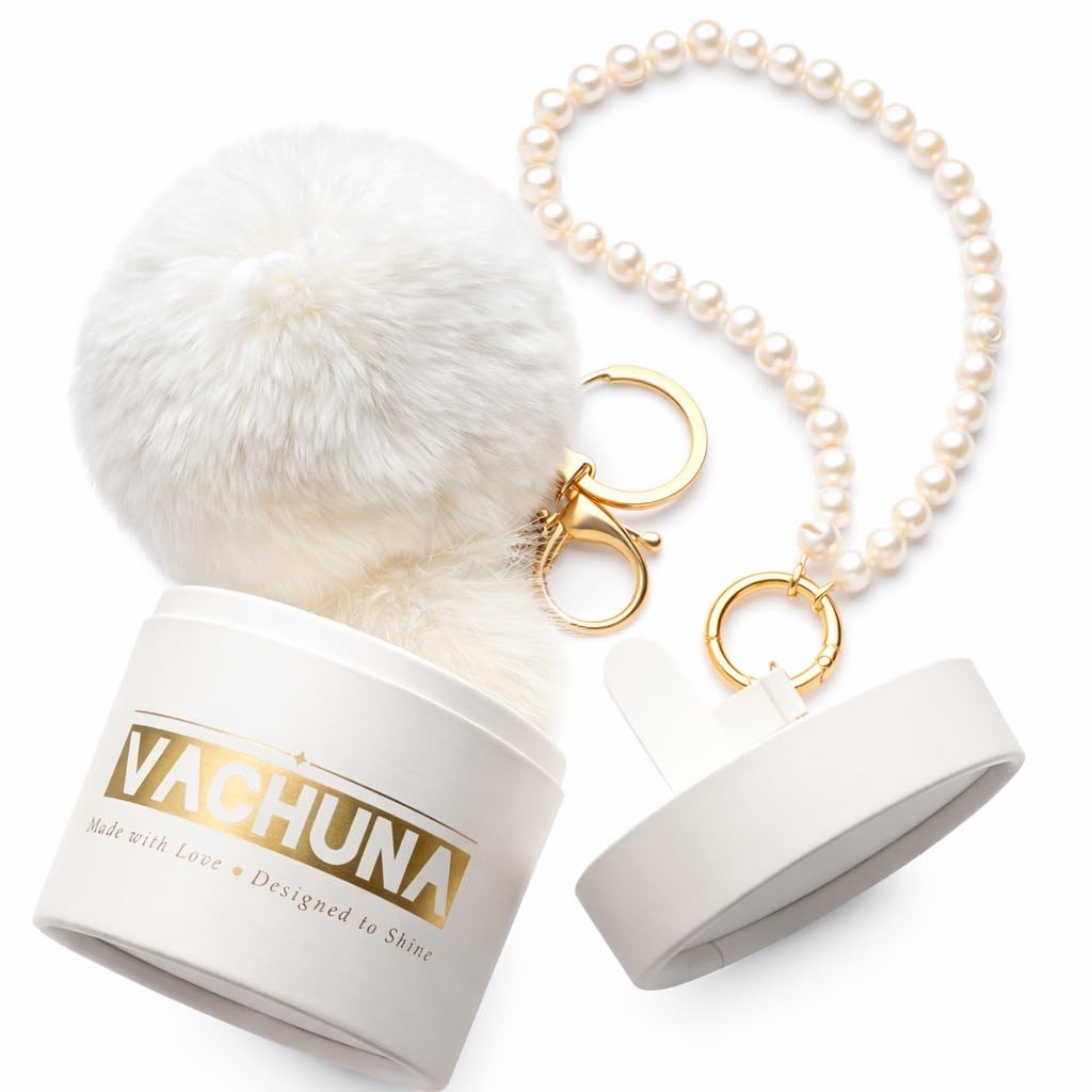 VACHUNA Luxury Cute Fur Pom Pom Bag Charm & Pearl Phone Strap Set - Real Rabbit & Mink Fur, Freshwater Pearls, Wrist Strap, Gift Box, Gift for Women