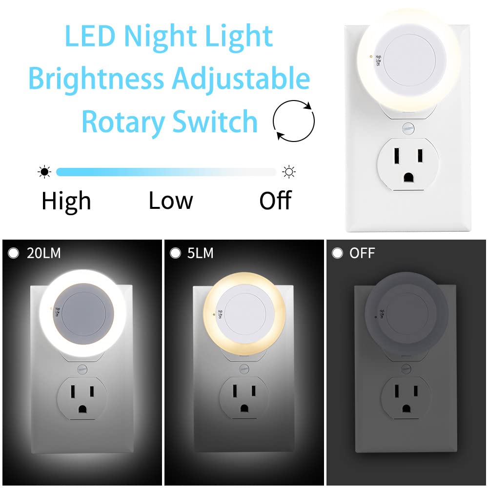 Night Light with High/Low/Off Switch, LED Manual Nightlight Max 20 Lumens, Indoor for Bathroom, Hallway, Bedroom, Kitchen, Warm White, Energy