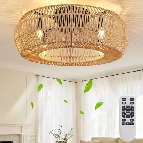 APBEAMLighting 24 Inch Boho Rattan Cage Ceiling Fan with Light Low Profile