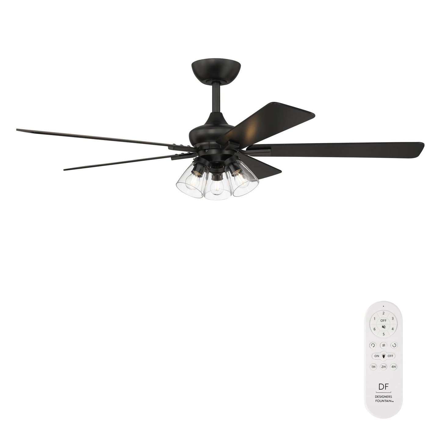 DESIGNERS FOUNTAIN Charney 52 Inch Indoor Traditional Ceiling Fan, Clear Glass Shades, Remote Control, Matte Black