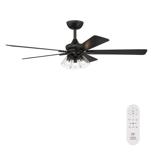 DESIGNERS FOUNTAIN Charney 52 Inch Indoor Traditional Ceiling Fan, Clear Glass Shades, Remote Control, Matte Black