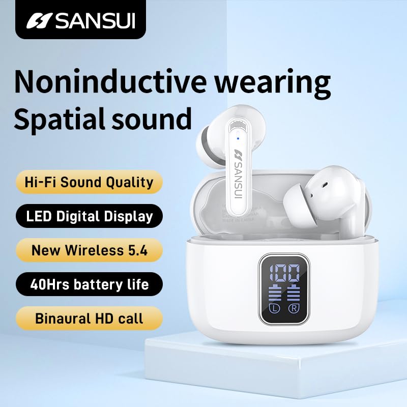 SANSUI W9 True Wireless Earbuds,Active Noise Cancellation,10mm Drivers with Big Bass,Bluetooth 5.4,40H Long Playtime, Low Latency Gaming, LED…