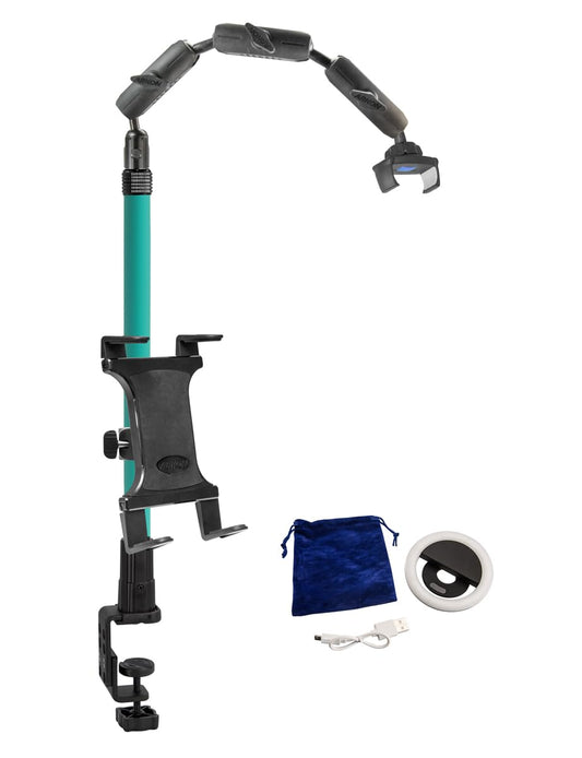 ARKON Mounts Remarkable Creator Pro+Plus Clamp Mount with Teal Extension Pole | Content Creators & Hobbyists | LED Light | Solid Clamp | Fits iPad