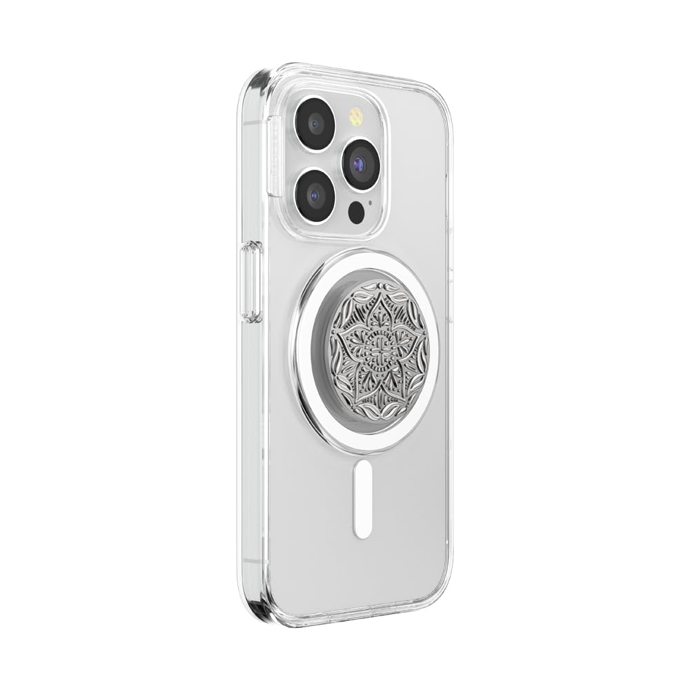 PopSockets Phone Grip for MagSafe, Magnetic Holder, Phone Stand, Enamel - Mandala Silver