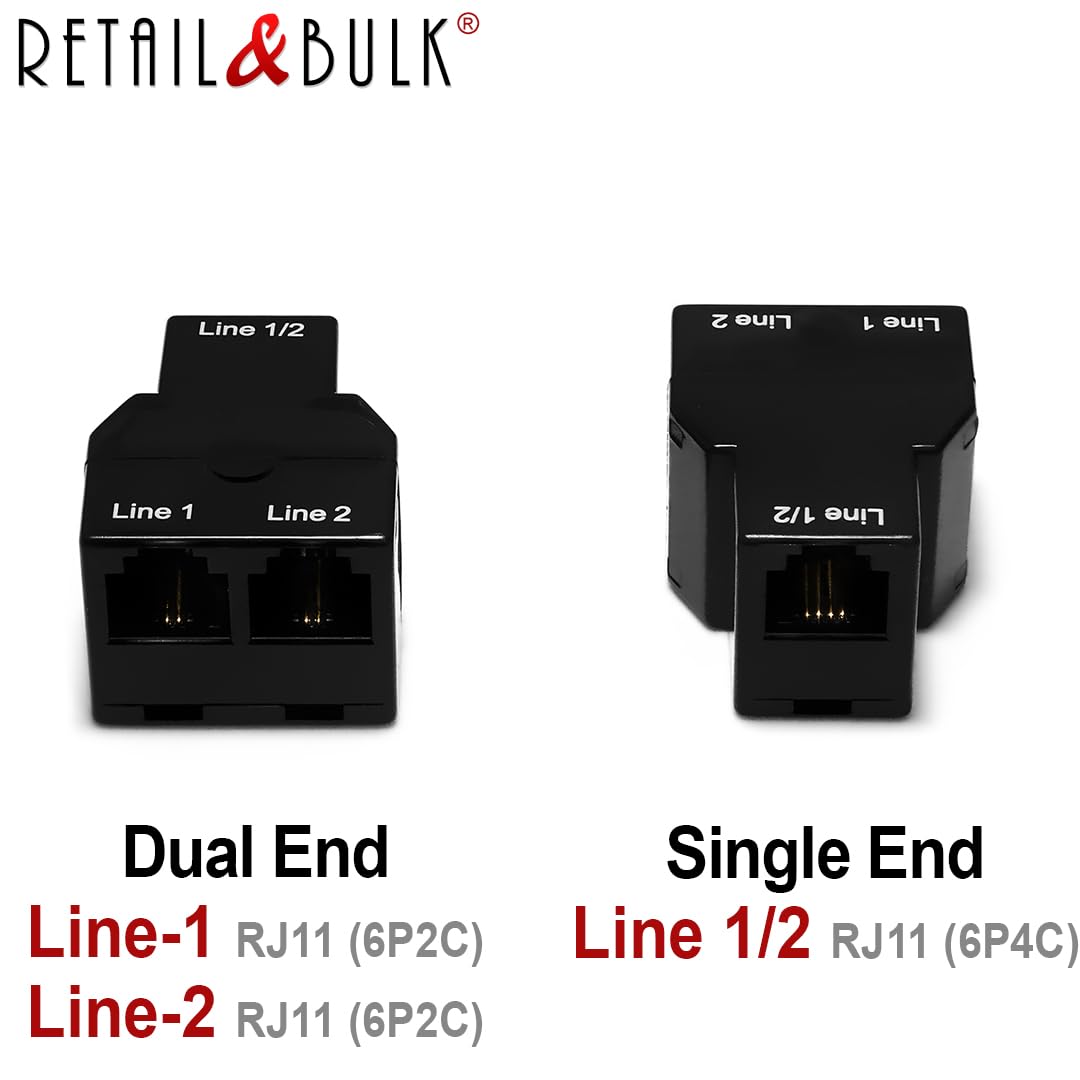 RetailAndBulk Telephone Line Separator/Combiner + Telephone Line Cord for 2 Line Phones (2-Line Splitter + Custom Size Cable)