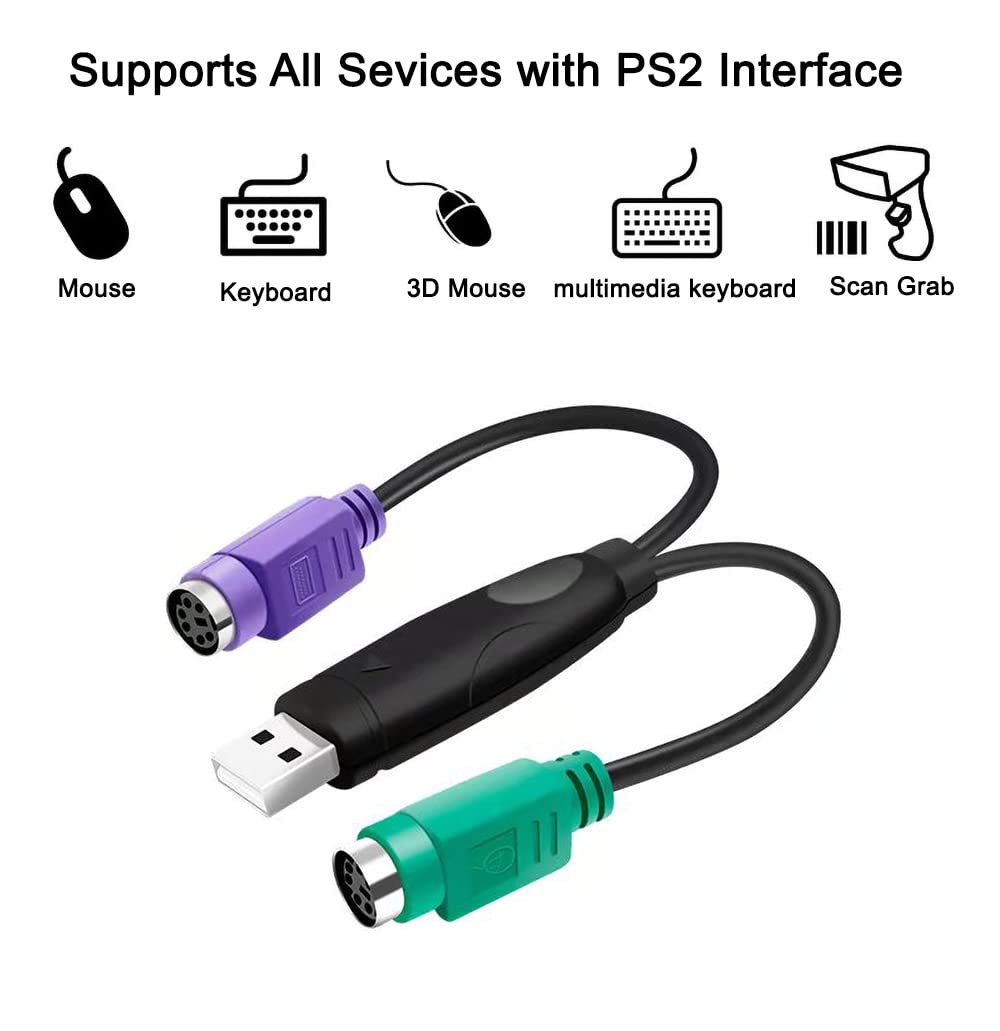 HuaLiSiJi PS2 to USB Adapter USB to PS2 Keyboard and Mouse Adapter, PS2 to USB Cable Built-in Chip No Need to Drive Plug and Play (Black+Adapter)