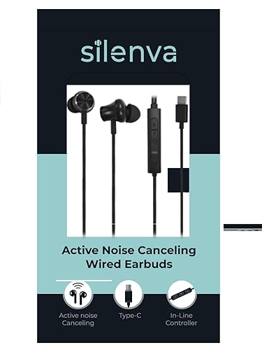 Silenva Active Noise Canceling Earbuds Wired, USB-C Wired ANC Earbuds, 20dB Earbuds Wired, Press Center Button Twice to Turn on ANC, Black