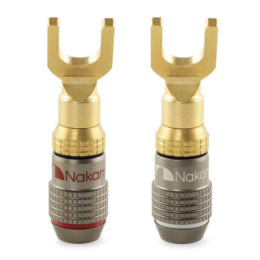 Nakamichi FanLock Excel Series 24k Gold Plated Spade Connector Banana Plug 10 AWG - 18 AWG Gauge Size 4mm for Speakers Amplifier Hi-Fi Home Theatre