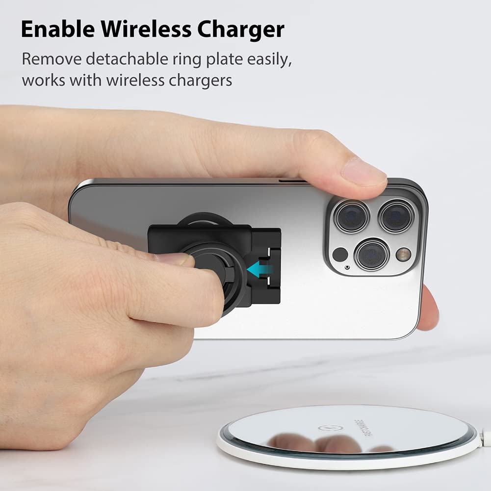 MonIdea Phone Ring Holder, Phone Grip Finger Kickstand Wireless Charging Friendly, 360°Rotation Metal Phone Ring Grip Stand Work with Magnetic Car