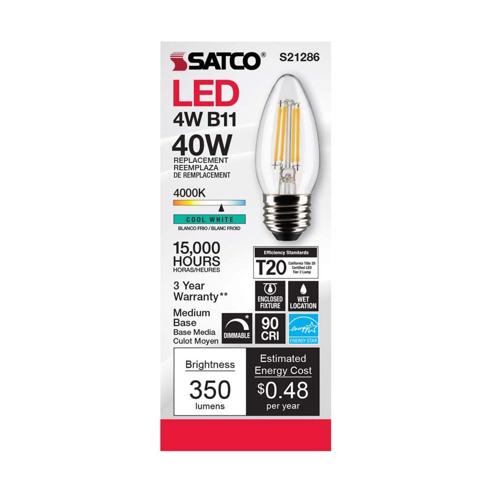 Satco 4-Watt LED E26 Light Bulb, 4000K, 15000 Hour Rating, Dimmable