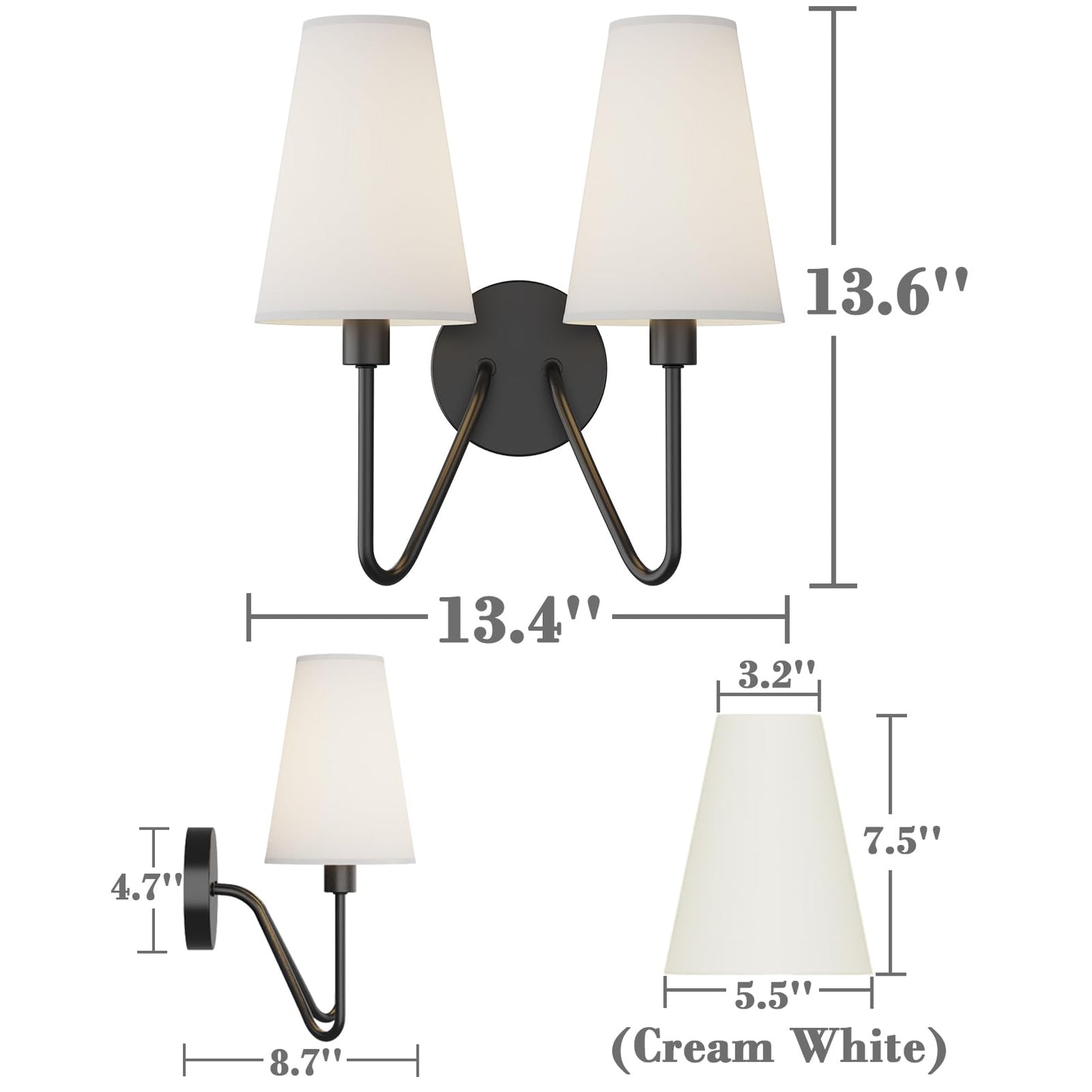 Electro bp;Double Head Classic 2 Lights Wall Sconces Lighting Fixture Black with Cream White Linen Fabric Lamp Shades E12 80W Hardwired;