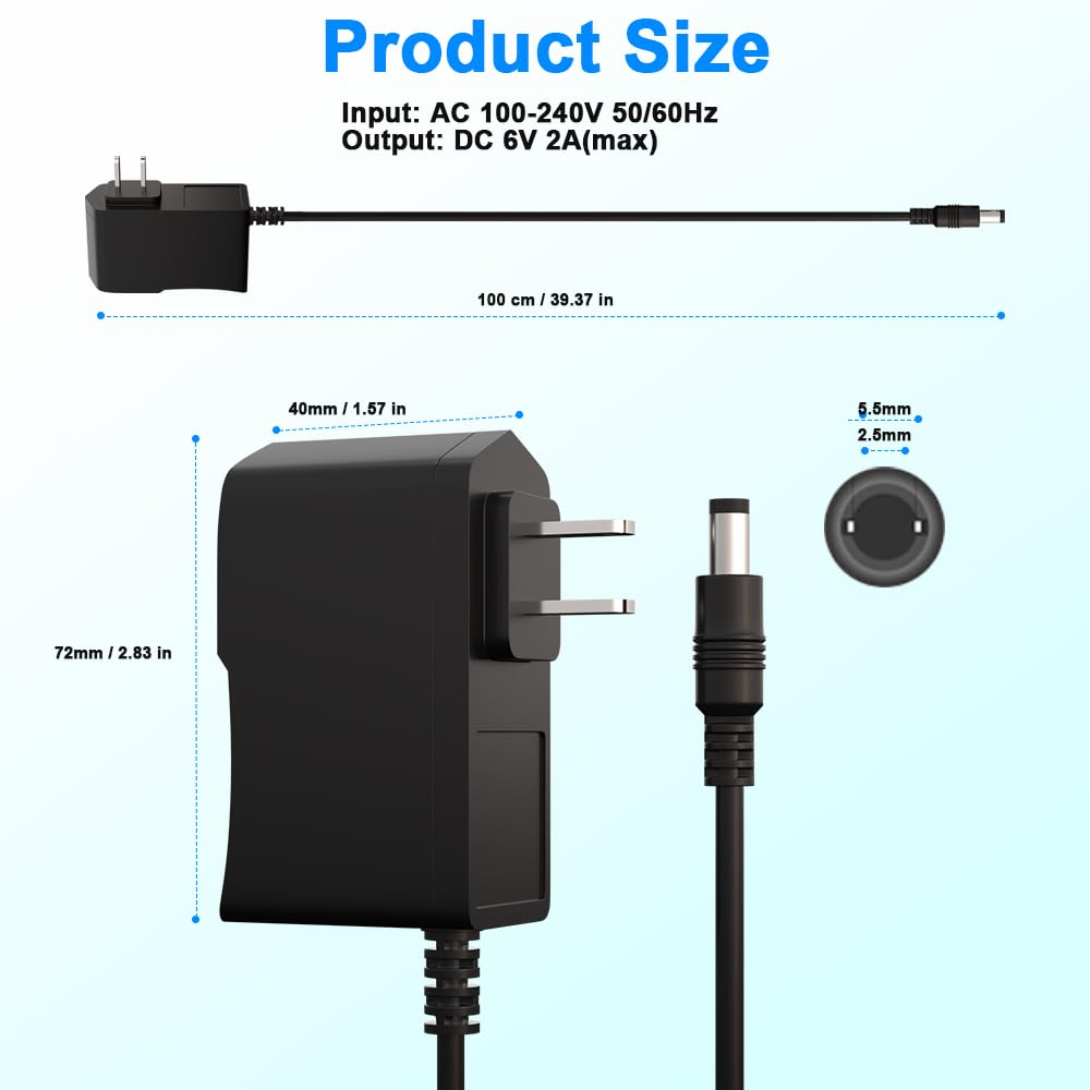 6V 2A Power Supply Adapter 12W AC/DC Charger AC 100-240V to DC 6V 2A 160mA 250mA 300mA 450mA 0.5A 0.85A 1A 1.25A 1.3A 1.5A with 5.5 x 2.5/2.1mm US…