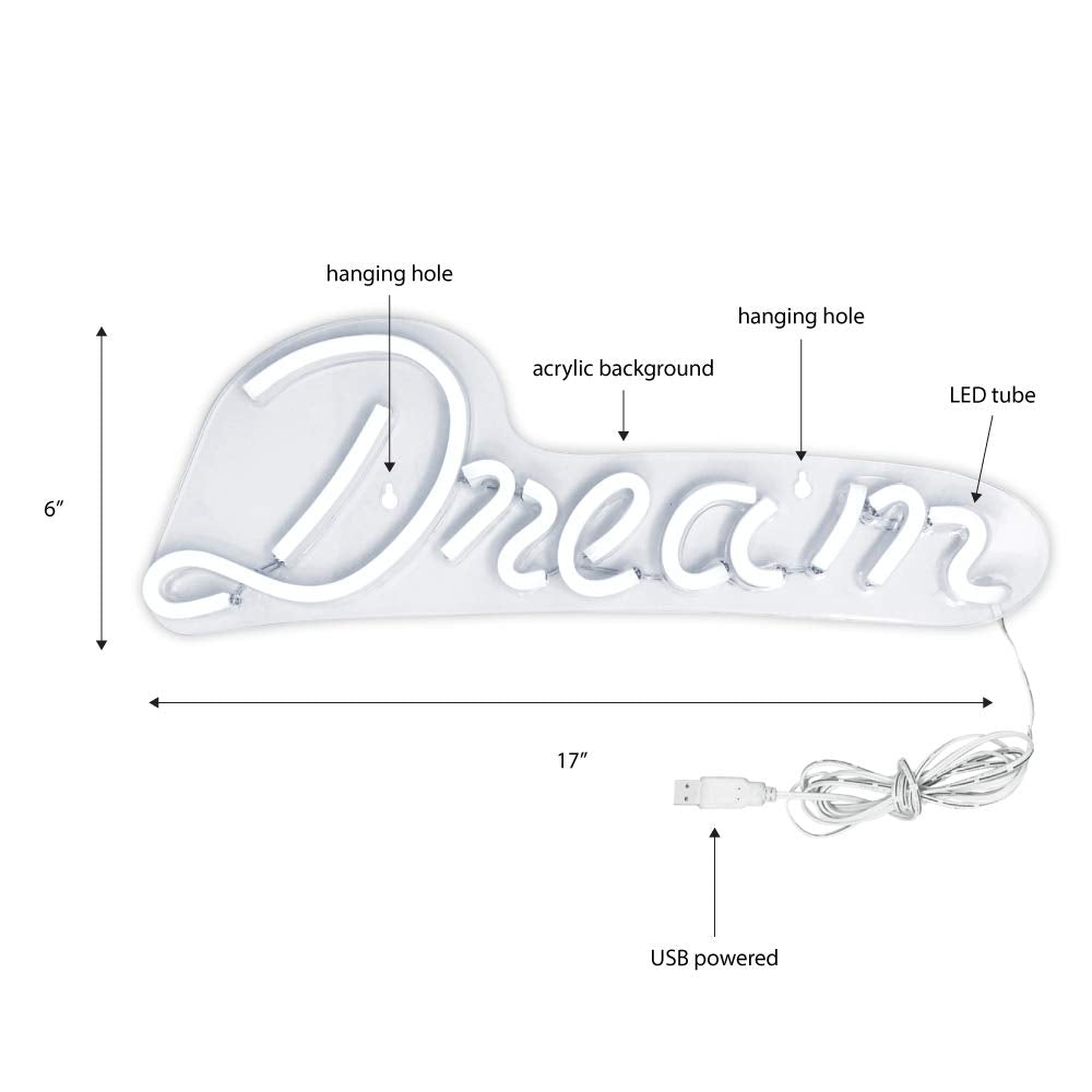 Isaac Jacobs 17" by 6" inch LED Neon Blue “Dream” Wall Sign For Cool Light, Wall Art, Bedroom Decorations, Home Accessories, Party, and Holiday Decor