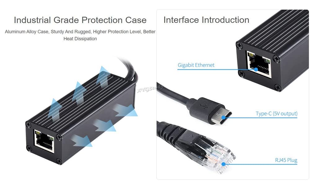Industrial Gigabit PoE Splitter with Aluminum Metal Case Protection and 5V 2.5A Type-C Power Output @XYGStudy (POE-Splitter-Type-C)
