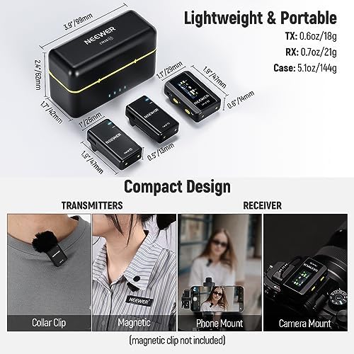 NEEWER CM28 (1 RX + 2 TX + Charging Case), Wireless Lavalier Microphone, Smart Noise Cancelling, 48KHz/16Bit 9 Hrs Uncompressed Recording, 656ft/200m