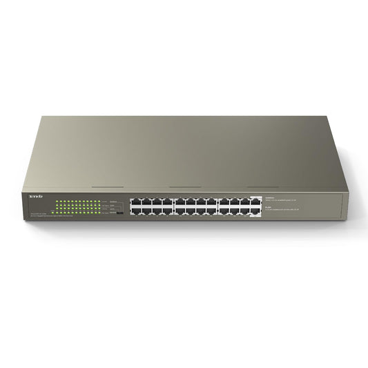 Tenda TEG1124P, 24 Port PoE Switch Gigabit with 24 x PoE+ @ 250W, Unmanaged Desktop/ Rackmount PoE Switch 24 Port, Plug & Play, Fan-Less Metal Design