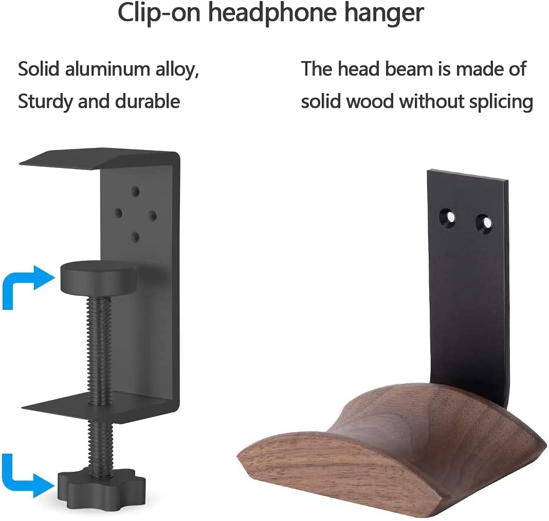 Jcurycke Headphone Holder with 6cm Wide Walnut Headrest,Adjustable Clamp-on Headset Stand Desk Headset Holder for Over Ear and Gaming