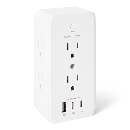 Amazon Basics Wall Mount Surge Protector Power Strip with 9-in-1 Hub, 1080 Joules, 6 AC Outlets, 1 USB-A and 2 USB-C (20W Fast Charging), White
