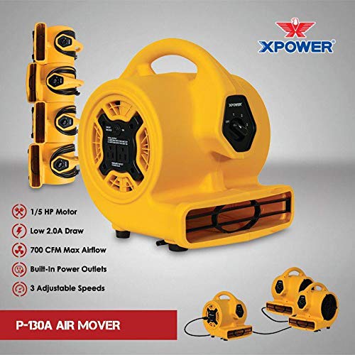XPOWER P-130A Mini Mighty 1/5 HP 800 CFM Centrifugal Air Mover, Carpet Dryer, Floor Fan, Blower, Stackable, Daisy Chain, for Water Damage Restoration
