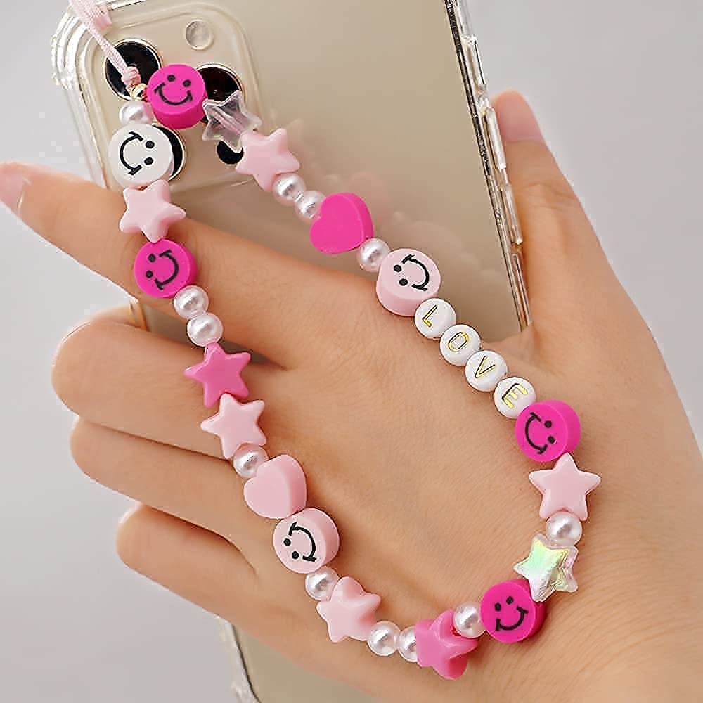 LUSTEMBER Cute Beaded Phone Charm, Smiley Face Wrist Strap, Colorful Handmade Polymer Clay and Pearl Chain