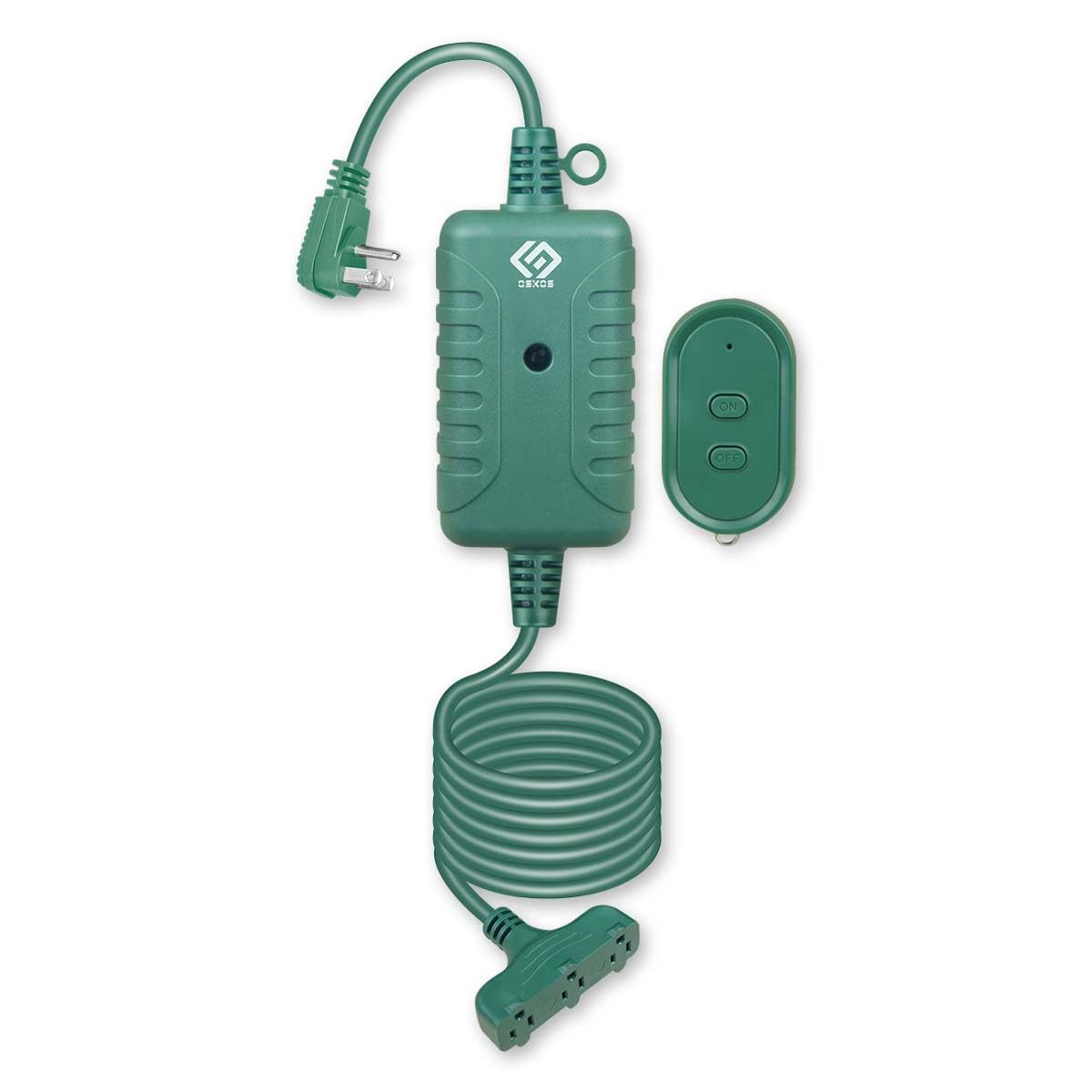 OSKOS Outdoor 3 Grounded Outlets with Wireless Remote Control, 15 ft Power Cord, Green.