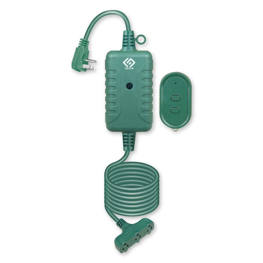 OSKOS Outdoor 3 Grounded Outlets with Wireless Remote Control, 15 ft Power Cord, Green.