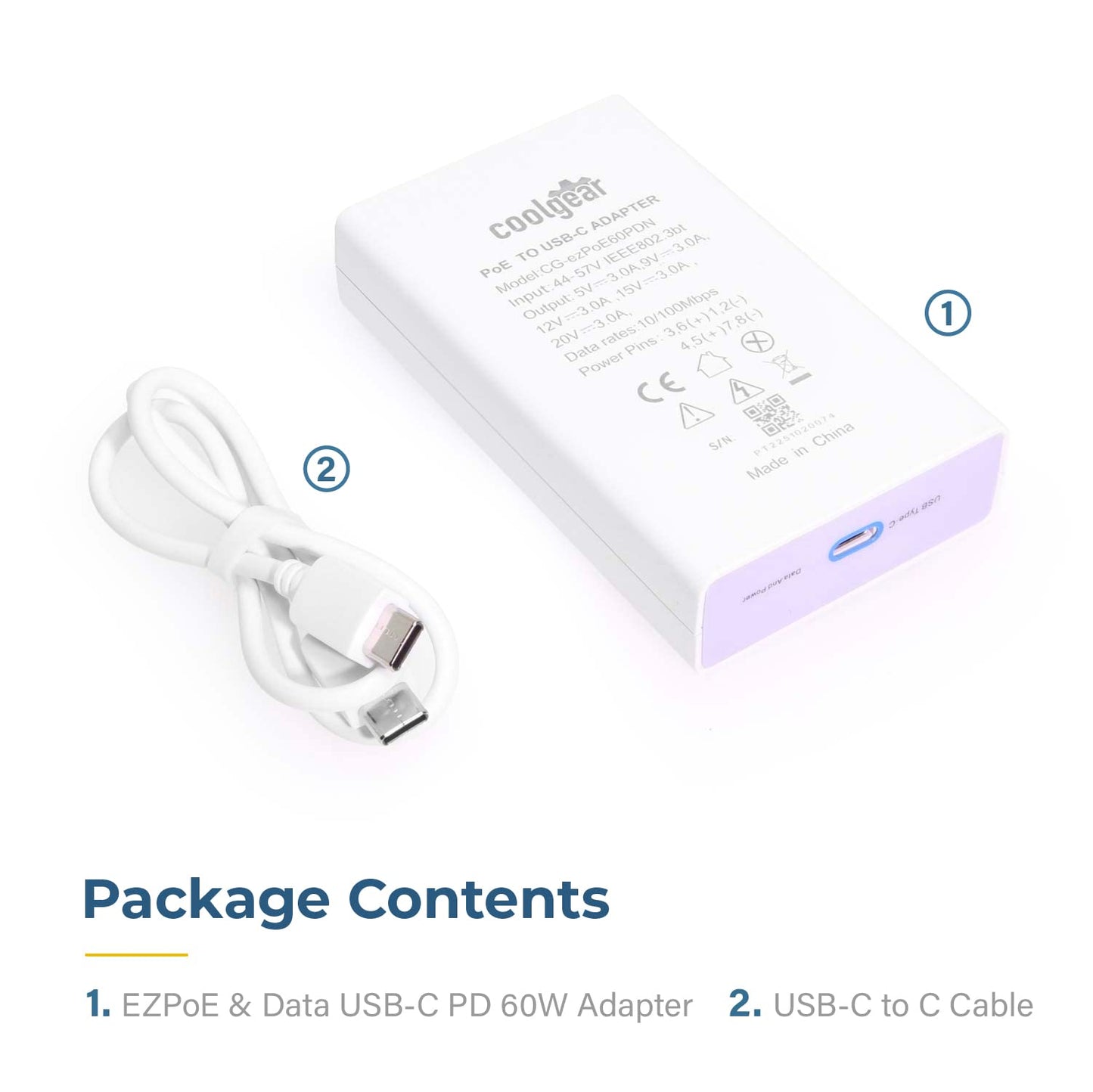 Coolgear EZPoE & Data USB-C PD 60W Adapter for Long-Distance Power & Network Delivery