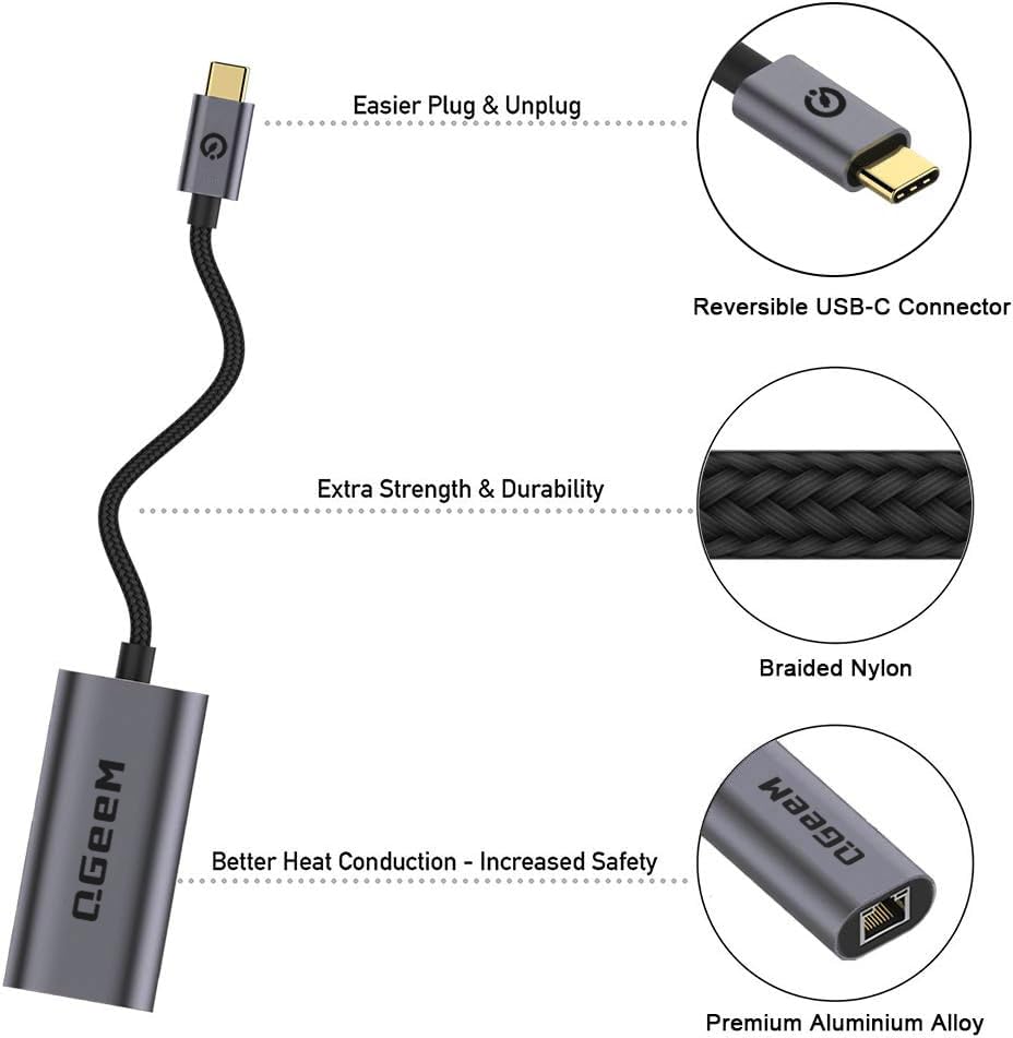 USB C to Ethernet Adapter, QGeeM Gigabit Ethernet to USB Type C, Thunderbolt 3/4 to RJ45 LAN Network Adapter Compatible for iPhone 15 Pro/max, MacBook