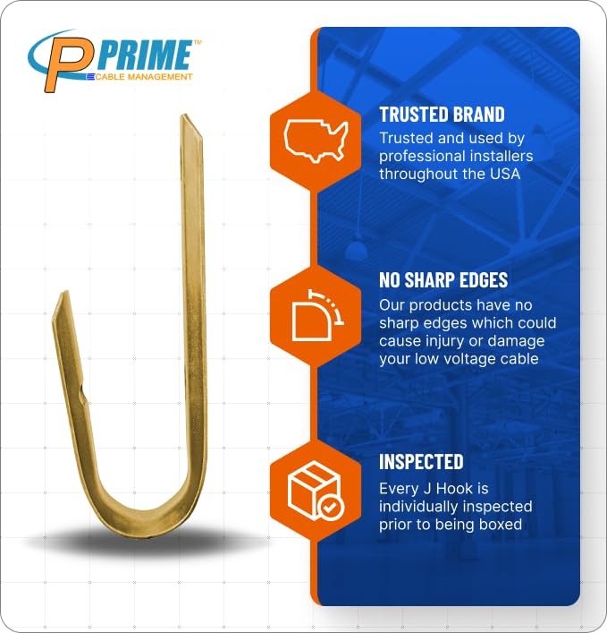 Prime Cable Management 3/4 Inch Heavy Duty Metal Cable & Wire Support J-Hook Hangers for Wall Mounting & Attaching to Vertical Surfaces for Cable