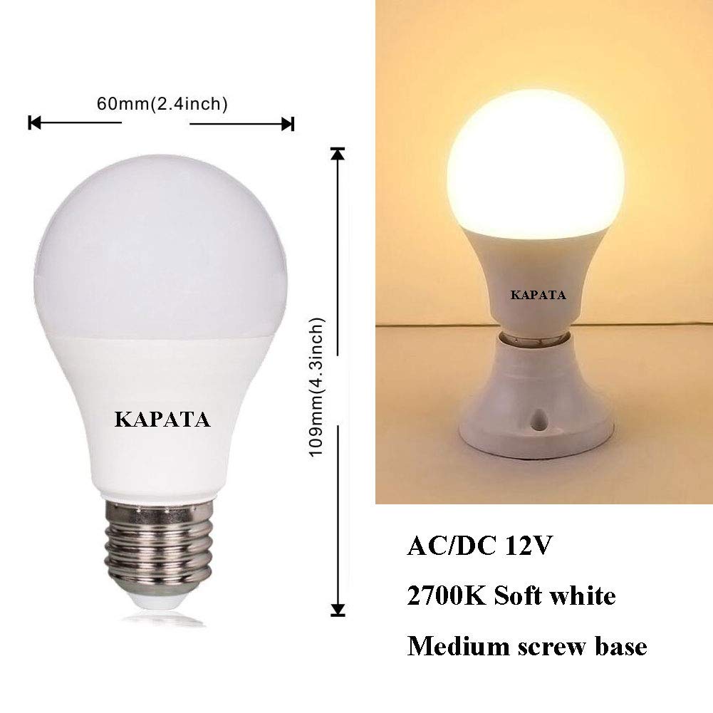 12V A19 LED Light Bulb Soft White 2700K 60 Watt Halogen Equivalent A19 Bulbs E26 Screw Base , for RV , Boat , Camping , Outdoor Solar Powered Lighting