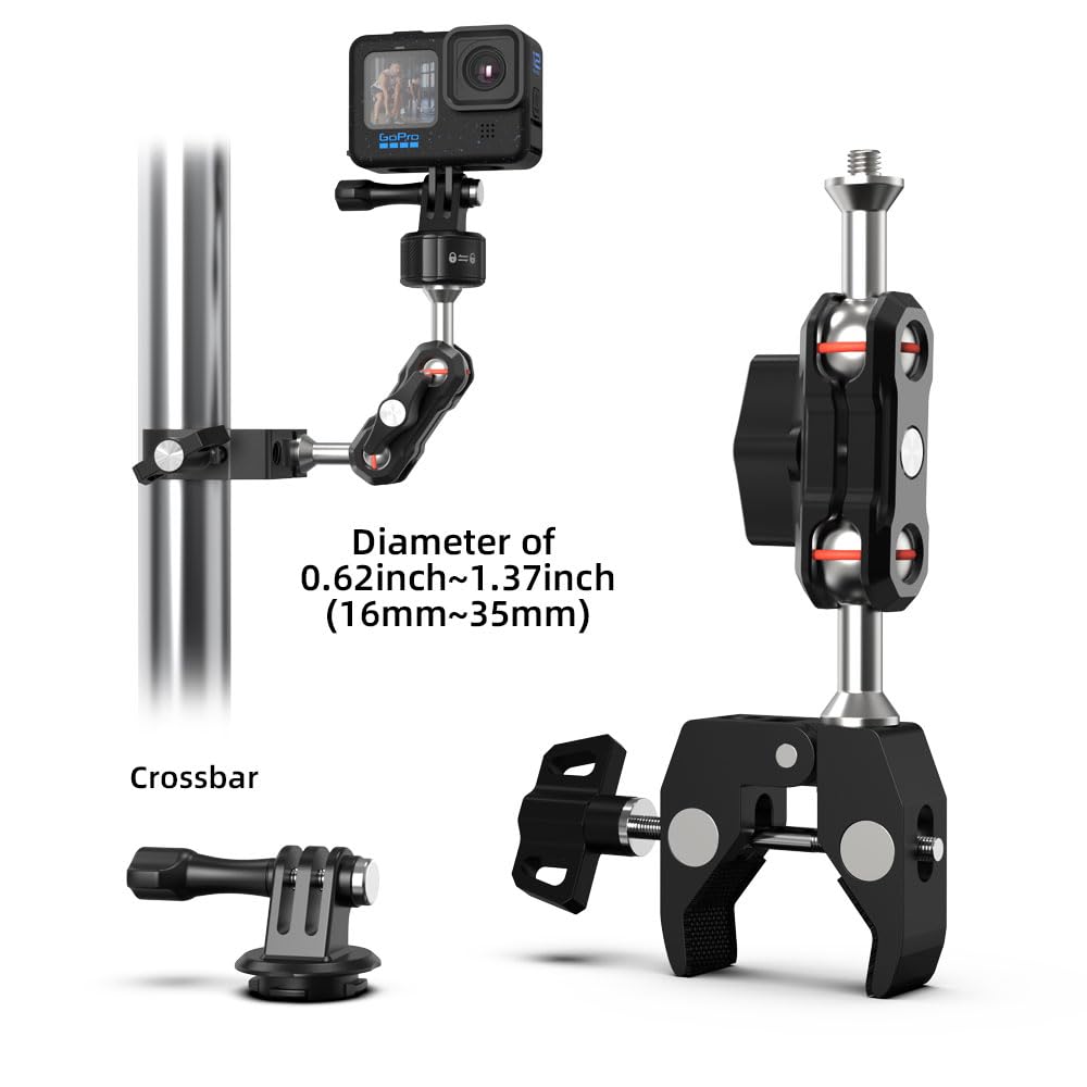 SUREWO Super Camera Clamp Mount,Super Clamp Mount with Dual Ballhead Magic Arm Compatible with Gopro Hero 13,12,11,10,9,8,7,6,5, Insta360 X4/3/2, DJI
