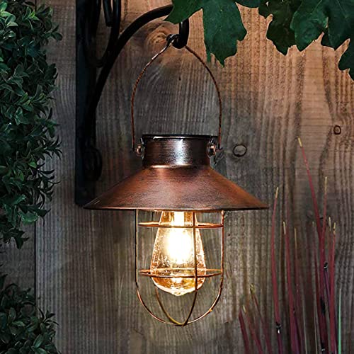 pearlstar Solar Lantern Outdoor Hanging Light Metal Farmhouse Solar Lamp with Warm White Edison Bulb Design for Garden Yard Patio Porch Decor (Brushed