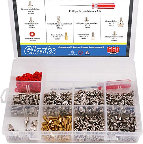 Glarks 660-Pieces Phillips Head Computer PC Spacer Screws Assortment Kit for Hard Drive Computer Case Motherboard Fan Power Graphics (Extra: Phillips