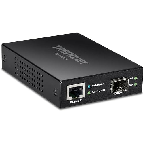 TRENDnet 10GBASE-T to SFP+ Fiber Media Converter, TFC-10GSFP, 1 x 10G RJ-45 Port, 1 x 10Gbps SFP+ Slot, NDAA & TAA Compliant, Power Adapter Included