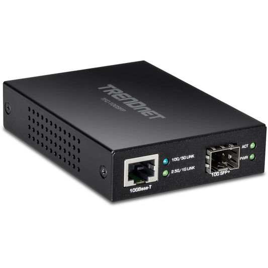 TRENDnet 10GBASE-T to SFP+ Fiber Media Converter, TFC-10GSFP, 1 x 10G RJ-45 Port, 1 x 10Gbps SFP+ Slot, NDAA & TAA Compliant, Power Adapter Included