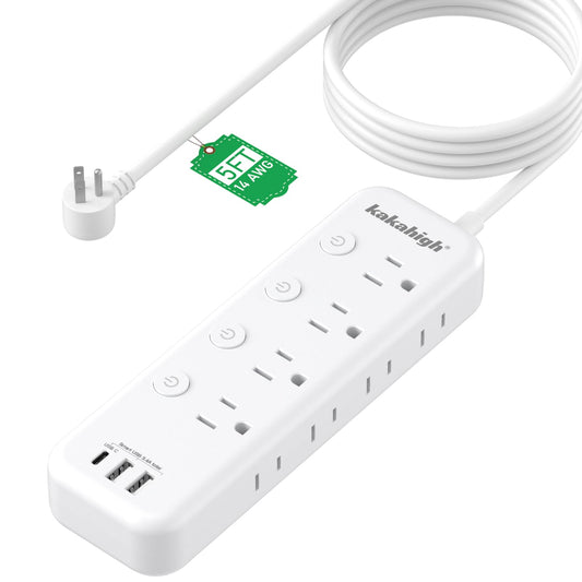 Appliance Extension Cord with Individual Switches on Off - 5 FT, 14 Gauge Heavy Duty Extension Cord with USB Ports, 8 outlets, High Wattage
