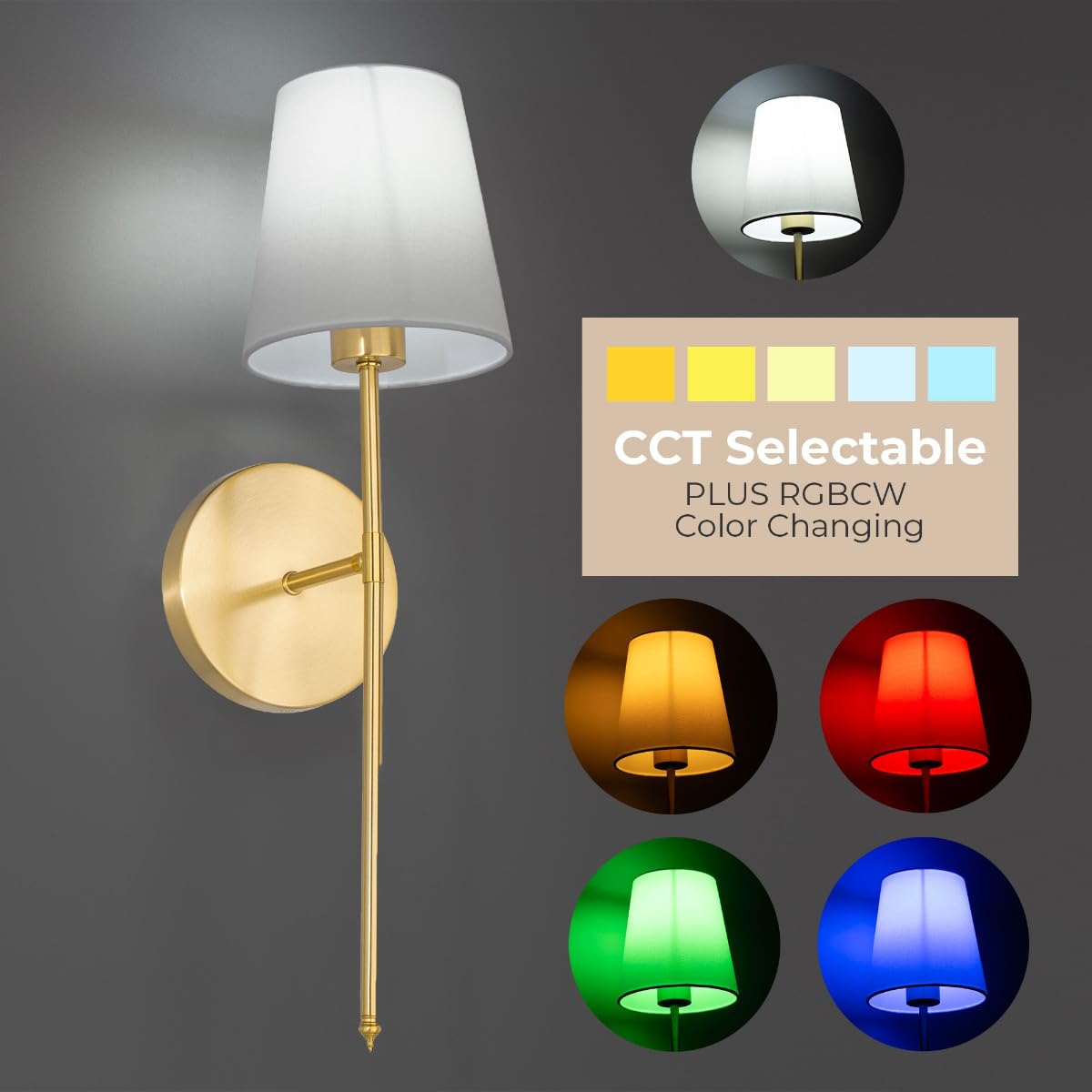 East Grove Home Wayfarer Wireless 22in Wall Sconce with USB-C Rechargeable LED Lamp 10W 800 Lumens RGBCW and Selectable CCT with White Cylinder Fabric