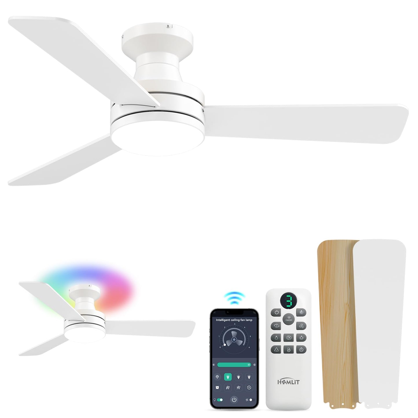 Homlit 42 inch RGB Ceiling Fan with Light, Smart App & Remote Control Low Profile Flush Mount, Music Sync Lighting, 6-Speed Quiet Reversible DC Motor