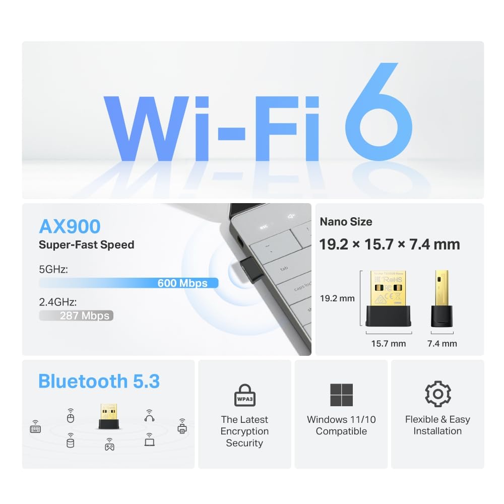 TP-Link 2-in-1 USB Bluetooth WiFi Adapter Archer TX10UB Nano | AX900 WiFi 6 BT 5.3 USB 2.0 Adapter for Desktop PC | Dual-Band WiFi Dongle | OFDMA
