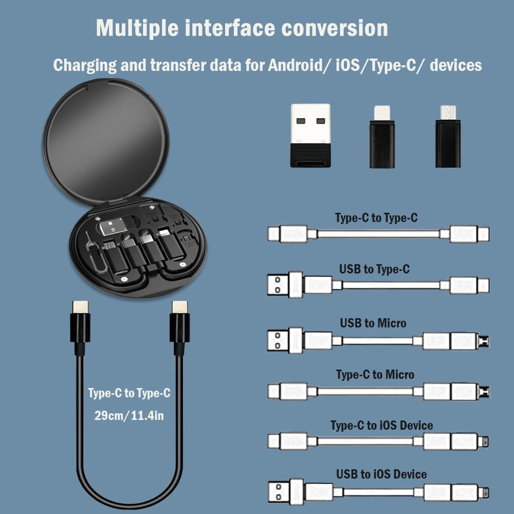 ZALUJMUS Multifunctional Data Cable Storage Box Adaptor for USB-C and Micro-USB Devices Universal Data Transfer Cable (Black)