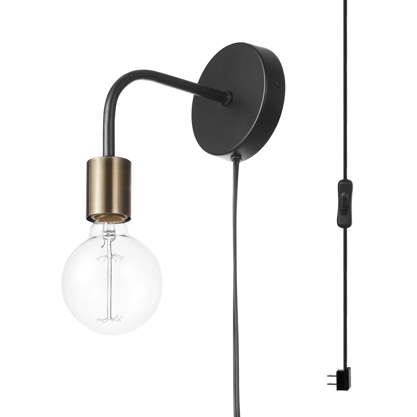 Globe Electric 52103 1-Light Long Arm Plug-in or Hardwire Wall Sconce, Matte Black, Matte Brass Socket, Wall Lights for Living Room, Bedroom, Den