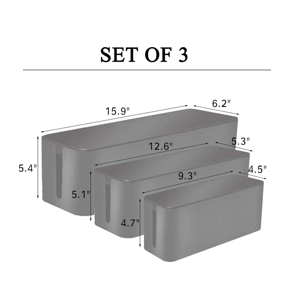 [Set of 3] 3 Cable Management Boxes + 3 Wire Ties, Large Cord Box Organizers to Hold and Hide Power Strip Charger Adapter Power Cord Charging Station