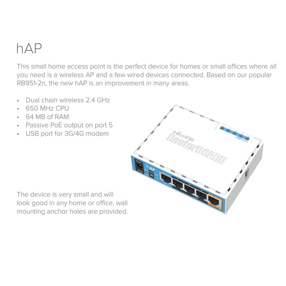 Mikrotik RouterBoard hAP 2.4Ghz 802.11b/g/n 2x2 64MB Wireless Access Point 5x10/100 USB for 3G/4G, OSL4 - RB951Ui-2nD