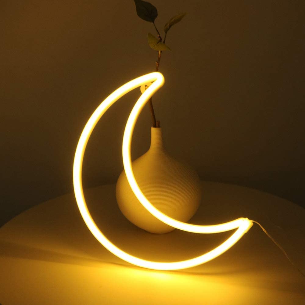 LED Warm White Moon Neon Light, Cute Neon Moon Sign,Christmas Room Decor Battery or USB Powered 5V Art LED Decorative Lights Night Lights Indoor